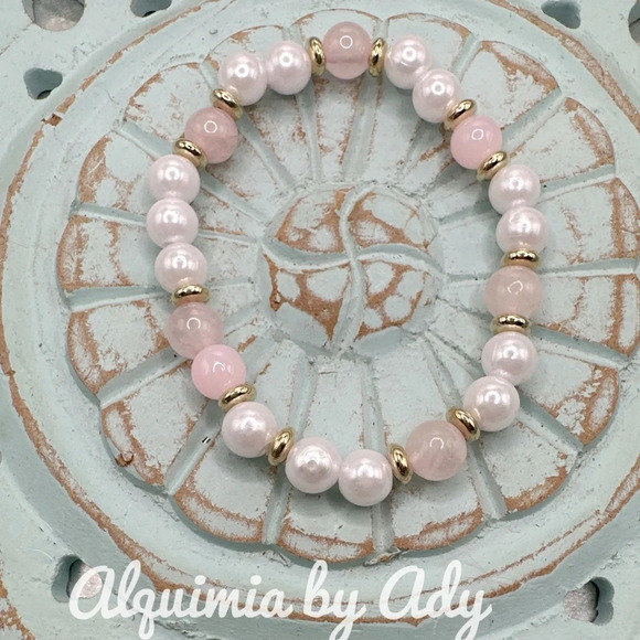 Pink Quartz and pearls  beaded bracelet 8mm - Picture 1 of 5
